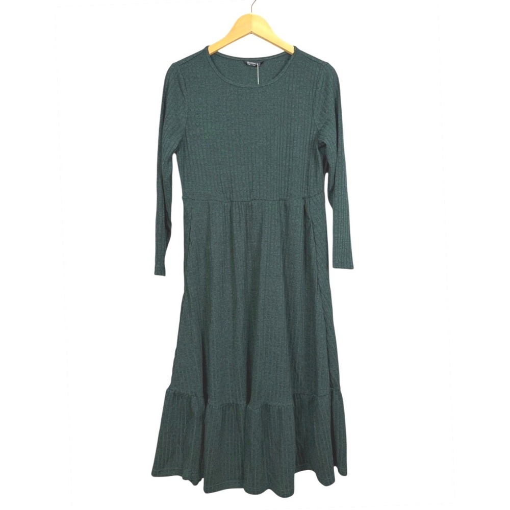 BLOOMCHIC Ribbed Long Sleeve Tiered Midi Dress Dark‎ Green Womens US 10 NEW